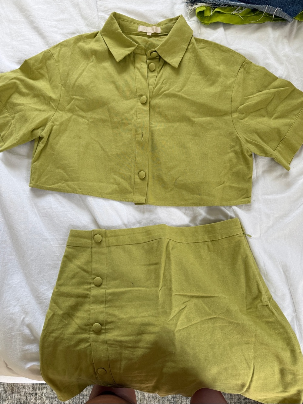 Cropped Meshki Button-Front Two-Piece Set in Olive Green